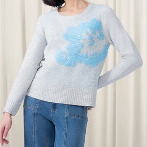 Elena Wang Angora Blend Blue Combo Round Neck Light Grey Sweater - NWT - Size S